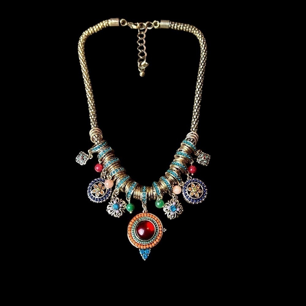 Gold Tone Necklace W/ Jewel Tone Beaded & Rhinestone Charms and Medallions